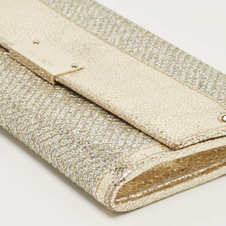 Pre Owned Jimmy Choo Gold Glitter and Leather Reese Continental Clutch