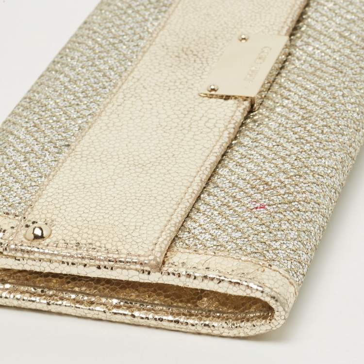Pre Owned Jimmy Choo Gold Glitter and Leather Reese Continental Clutch