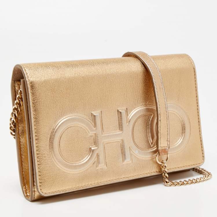 Pre Owned Jimmy Choo Gold Leather Sonia Crossbody Bag 