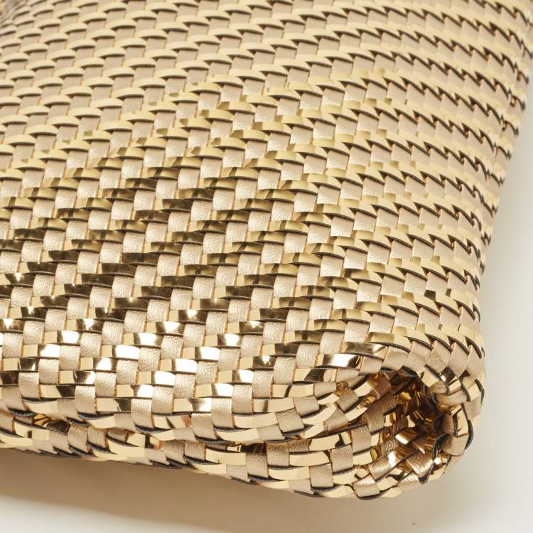 Pre Owned Jimmy Choo Gold Woven Patent and Leather Callie Tassel Clutch