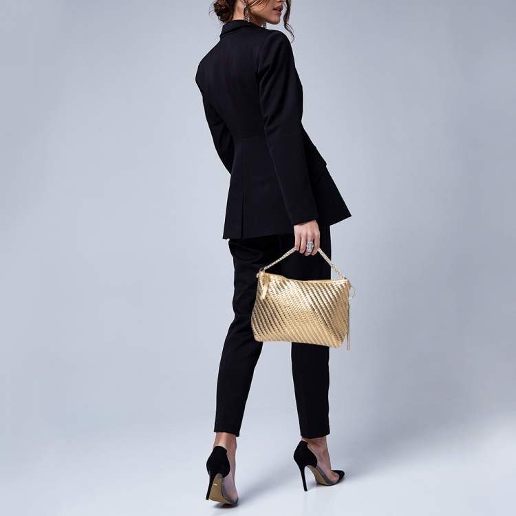 Pre Owned Jimmy Choo Gold Woven Patent and Leather Callie Tassel Clutch