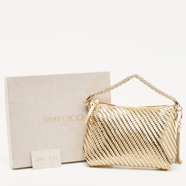 Pre Owned Jimmy Choo Gold Woven Patent and Leather Callie Tassel Clutch