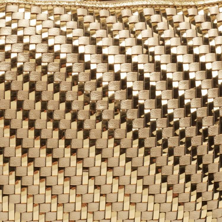 Pre Owned Jimmy Choo Gold Woven Patent and Leather Callie Tassel Clutch