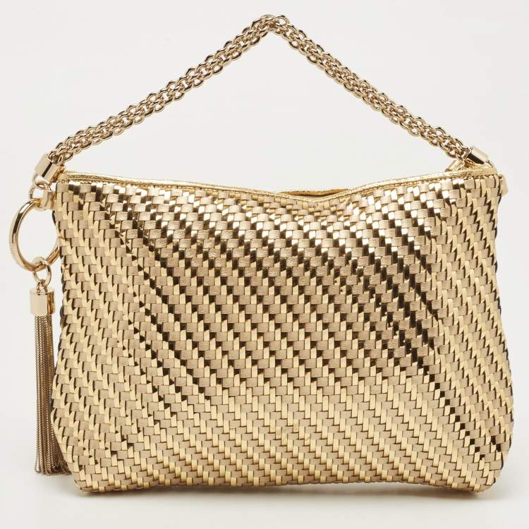 Pre Owned Jimmy Choo Gold Woven Patent and Leather Callie Tassel Clutch