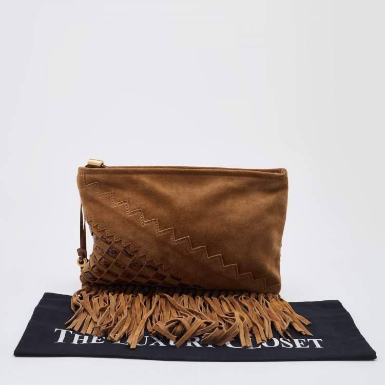 Pre Owned Jimmy Choo Brown Suede and Watersnake Leather Fringe Tita Convertible Clutch 