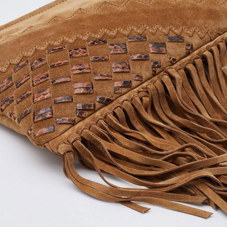 Pre Owned Jimmy Choo Brown Suede and Watersnake Leather Fringe Tita Convertible Clutch 