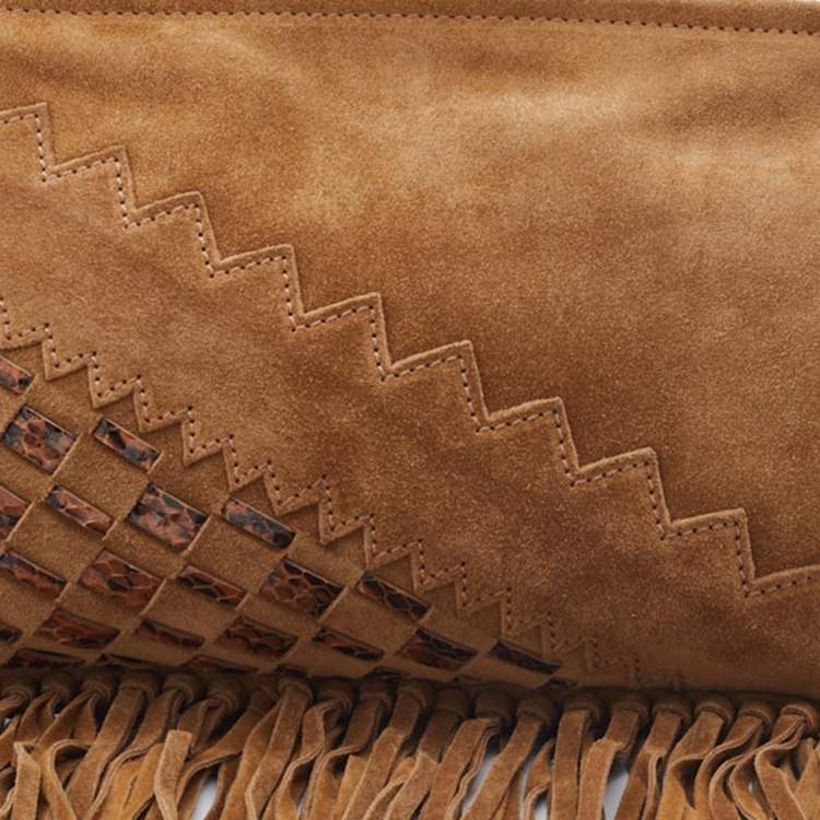 Pre Owned Jimmy Choo Brown Suede and Watersnake Leather Fringe Tita Convertible Clutch 