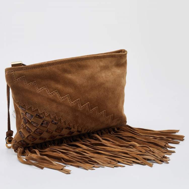 Pre Owned Jimmy Choo Brown Suede and Watersnake Leather Fringe Tita Convertible Clutch 