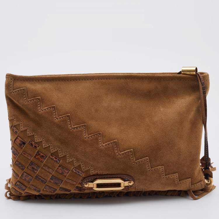 Pre Owned Jimmy Choo Brown Suede and Watersnake Leather Fringe Tita Convertible Clutch 