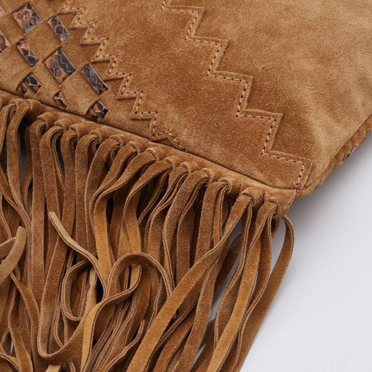 Pre Owned Jimmy Choo Brown Suede and Watersnake Leather Fringe Tita Convertible Clutch 