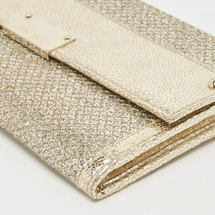 Pre Owned Jimmy Choo Gold Glitter and Leather Reese Continental Clutch