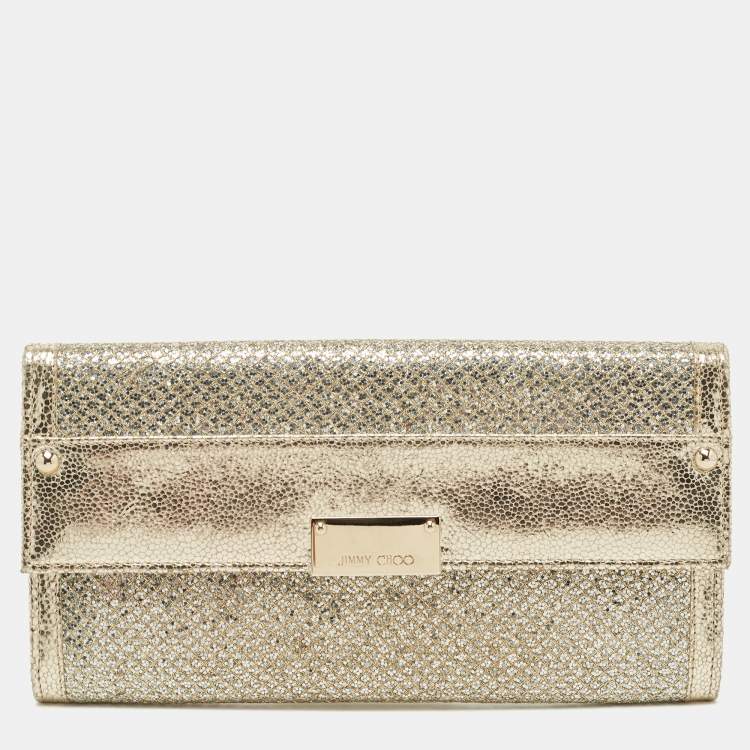 Pre Owned Jimmy Choo Gold Glitter and Leather Reese Continental Clutch