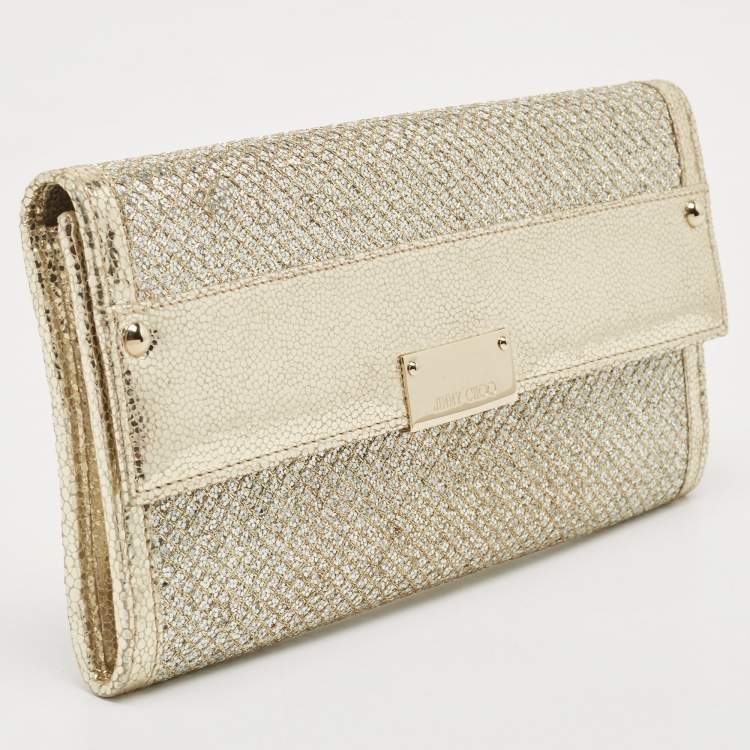 Pre Owned Jimmy Choo Gold Glitter and Leather Reese Continental Clutch