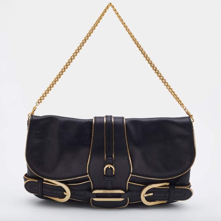 مملوكة مسبقًا Jimmy Choo Black/Gold Leather Troy Chain Clutch