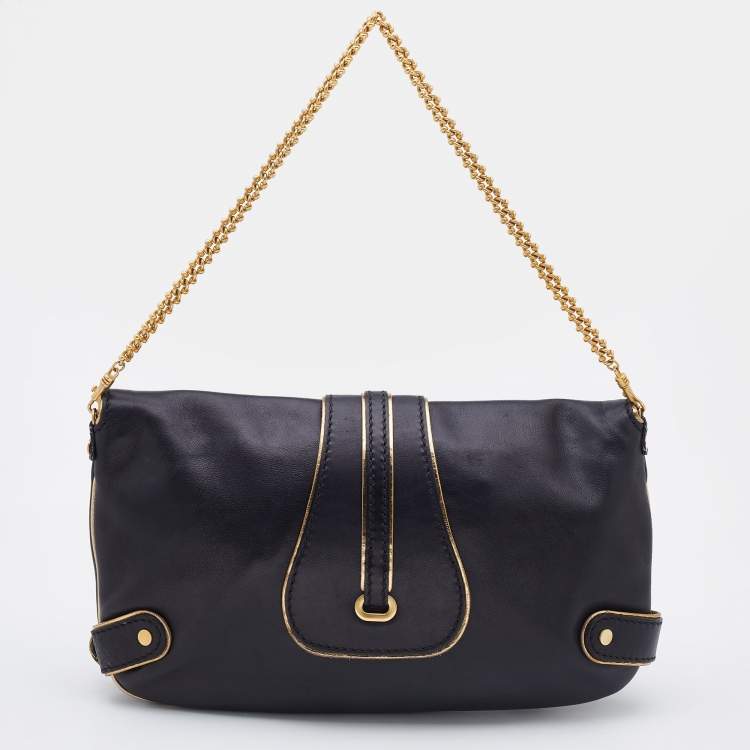 مملوكة مسبقًا Jimmy Choo Black/Gold Leather Troy Chain Clutch
