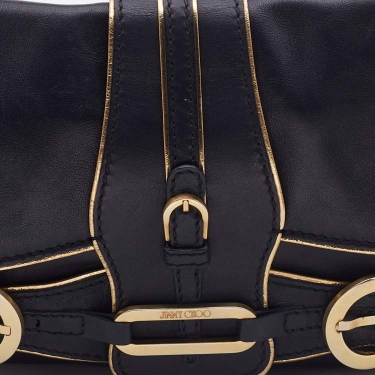 مملوكة مسبقًا Jimmy Choo Black/Gold Leather Troy Chain Clutch