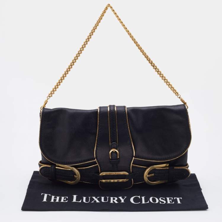 مملوكة مسبقًا Jimmy Choo Black/Gold Leather Troy Chain Clutch