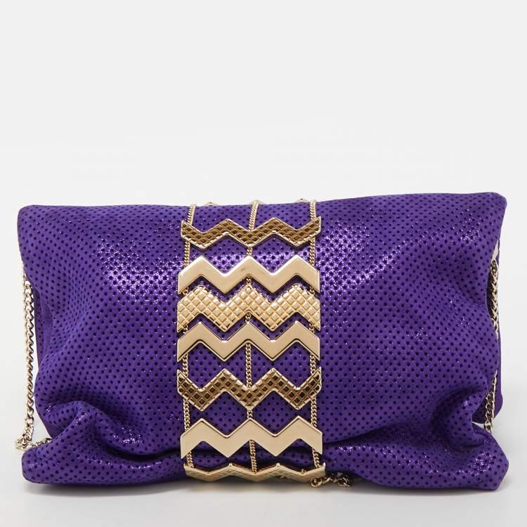 Pre Owned Jimmy Choo Purple Shimmer Perforated  Suede Chandra Chain Clutch