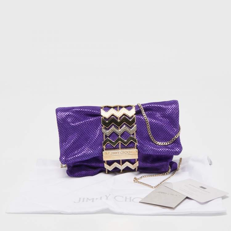 Pre Owned Jimmy Choo Purple Shimmer Perforated  Suede Chandra Chain Clutch