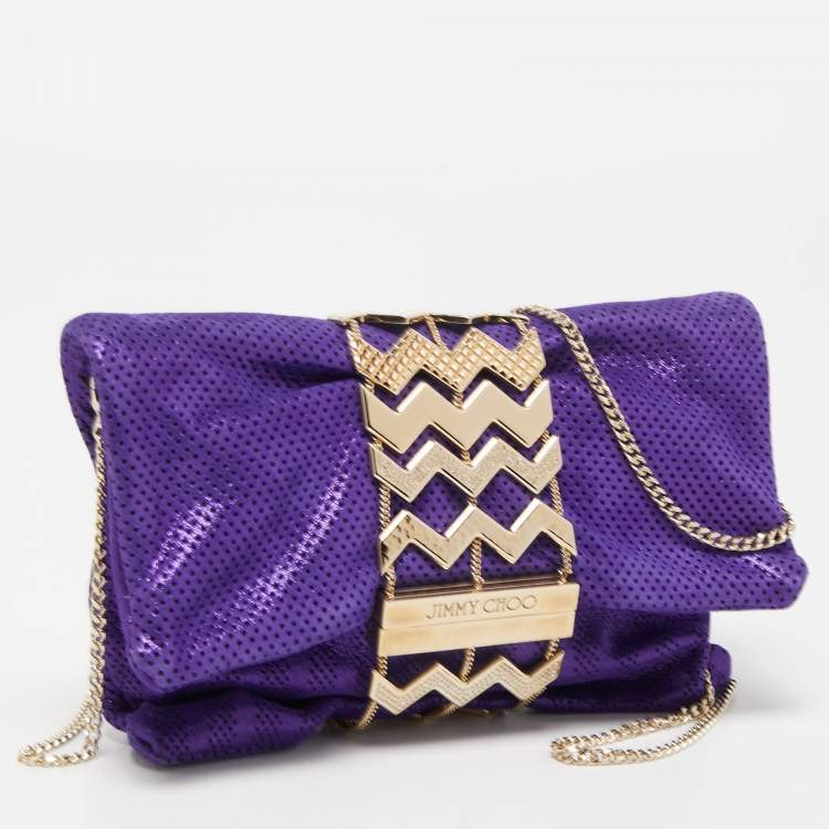 Pre Owned Jimmy Choo Purple Shimmer Perforated  Suede Chandra Chain Clutch