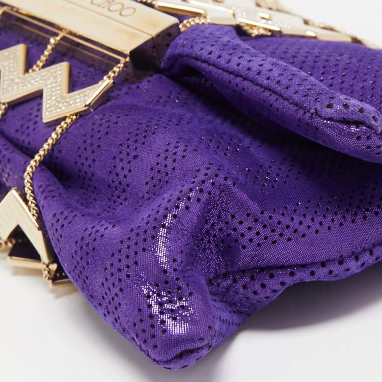 Pre Owned Jimmy Choo Purple Shimmer Perforated  Suede Chandra Chain Clutch