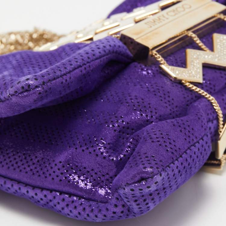 Pre Owned Jimmy Choo Purple Shimmer Perforated  Suede Chandra Chain Clutch