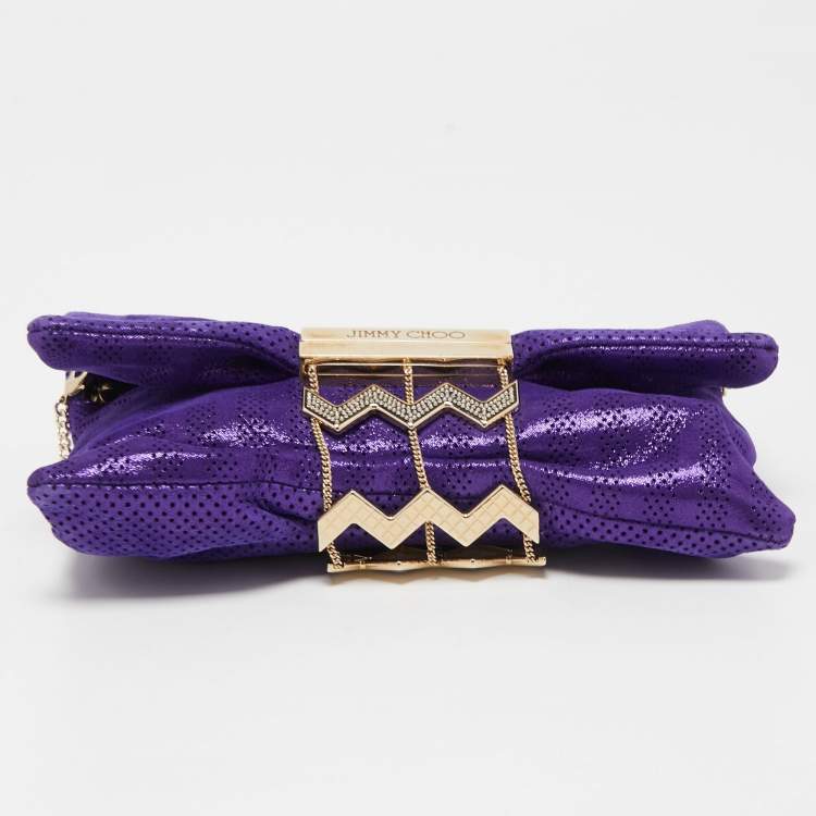 Pre Owned Jimmy Choo Purple Shimmer Perforated  Suede Chandra Chain Clutch