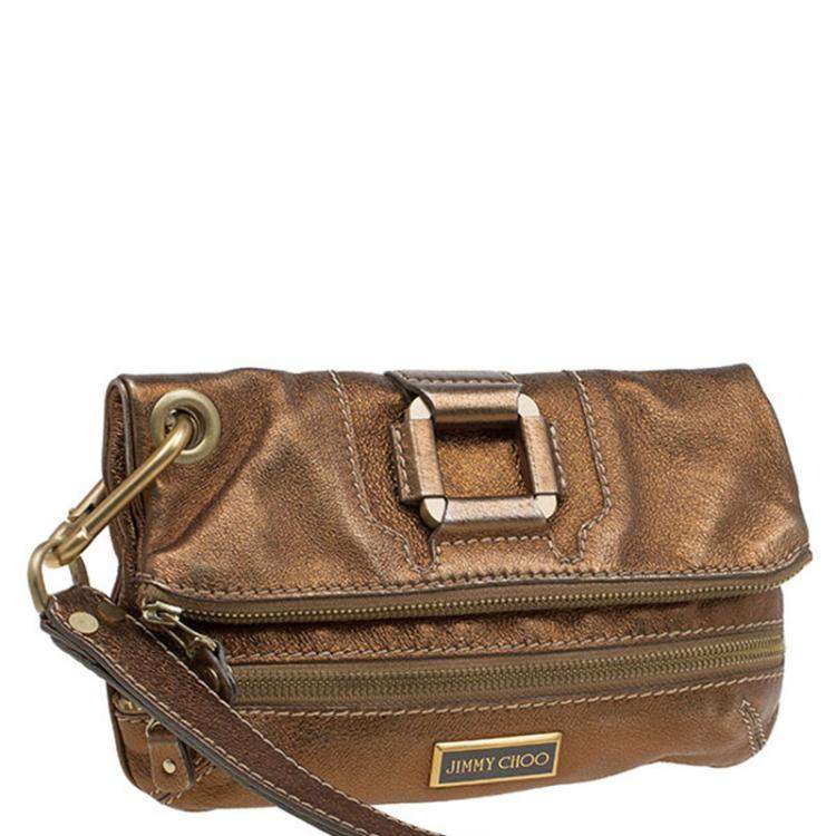 Pre Owned Jimmy Choo Bronze Leather Mave Foldover Clutch