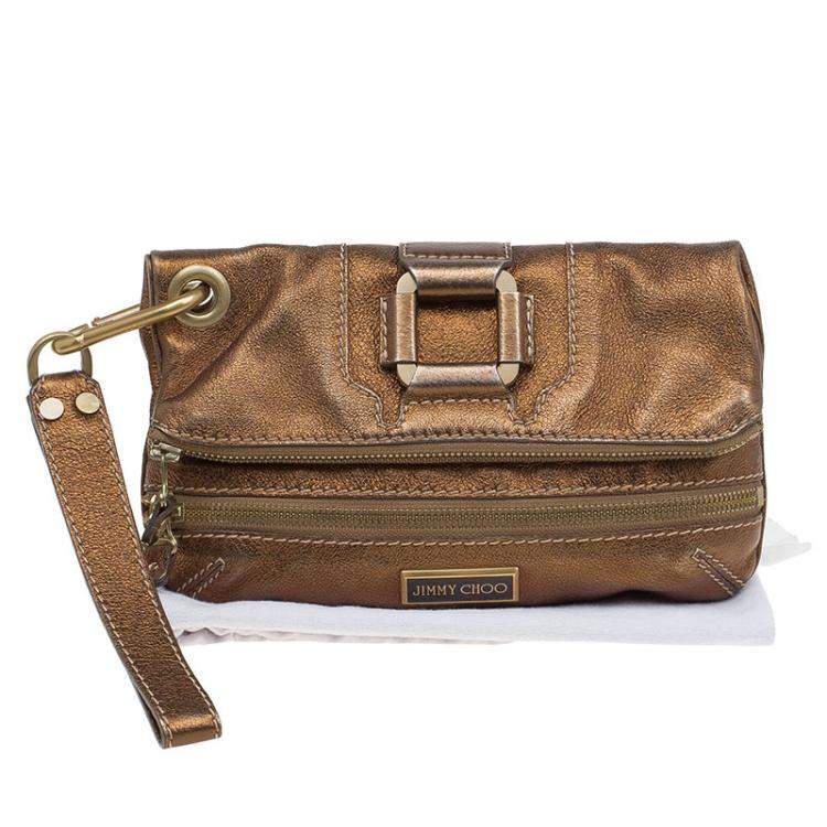 Pre Owned Jimmy Choo Bronze Leather Mave Foldover Clutch