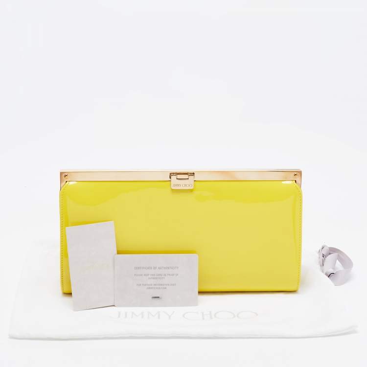 Pre Owned Jimmy Choo Yellow Patent Leather and Suede Metal Frame Clutch