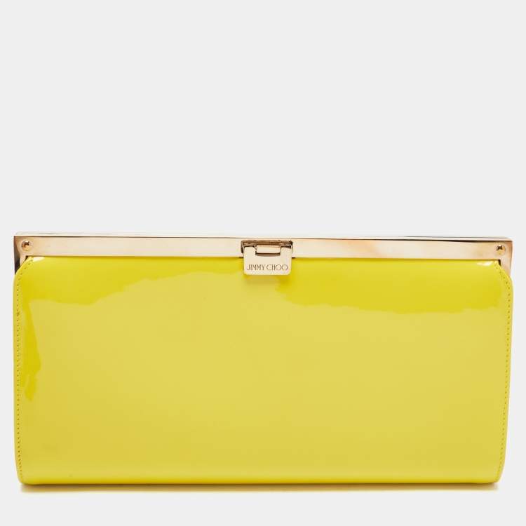 Pre Owned Jimmy Choo Yellow Patent Leather and Suede Metal Frame Clutch