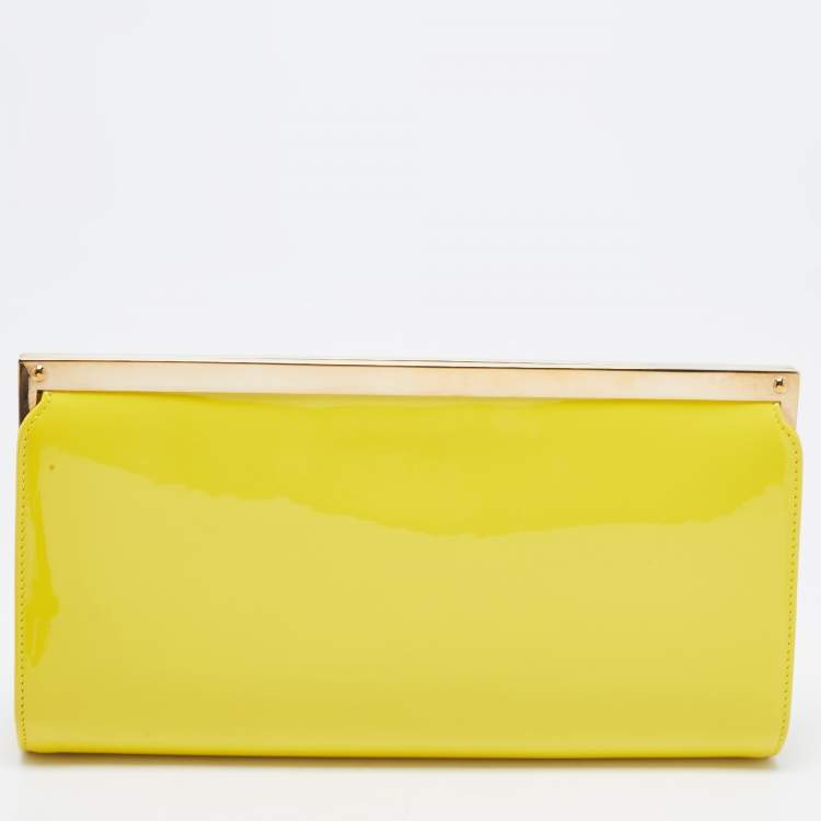Pre Owned Jimmy Choo Yellow Patent Leather and Suede Metal Frame Clutch