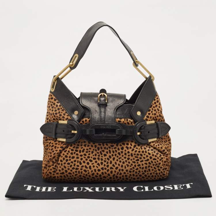 Pre Owned Jimmy Choo Black/Beige Leopard Print Calfhair and Leather Tulita Hobo