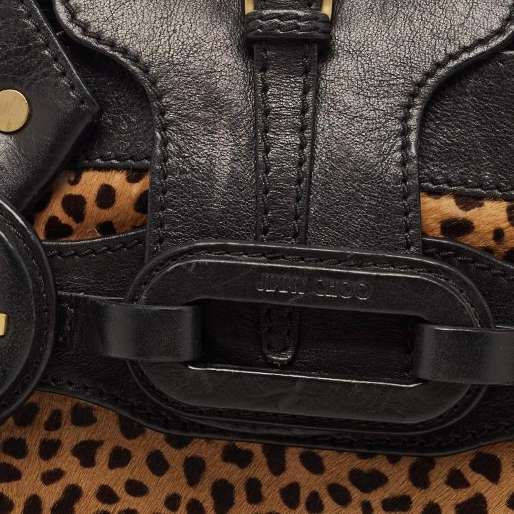 Pre Owned Jimmy Choo Black/Beige Leopard Print Calfhair and Leather Tulita Hobo