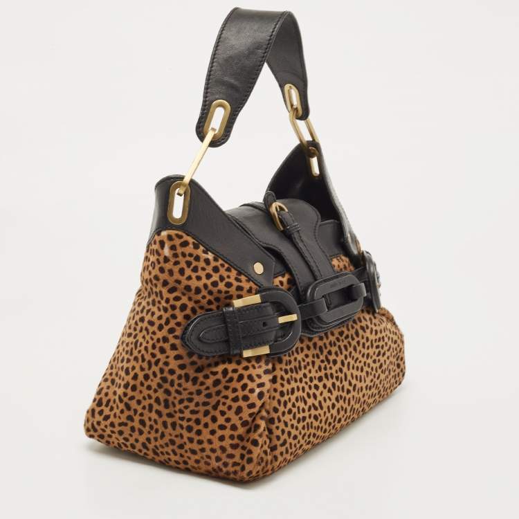 Pre Owned Jimmy Choo Black/Beige Leopard Print Calfhair and Leather Tulita Hobo
