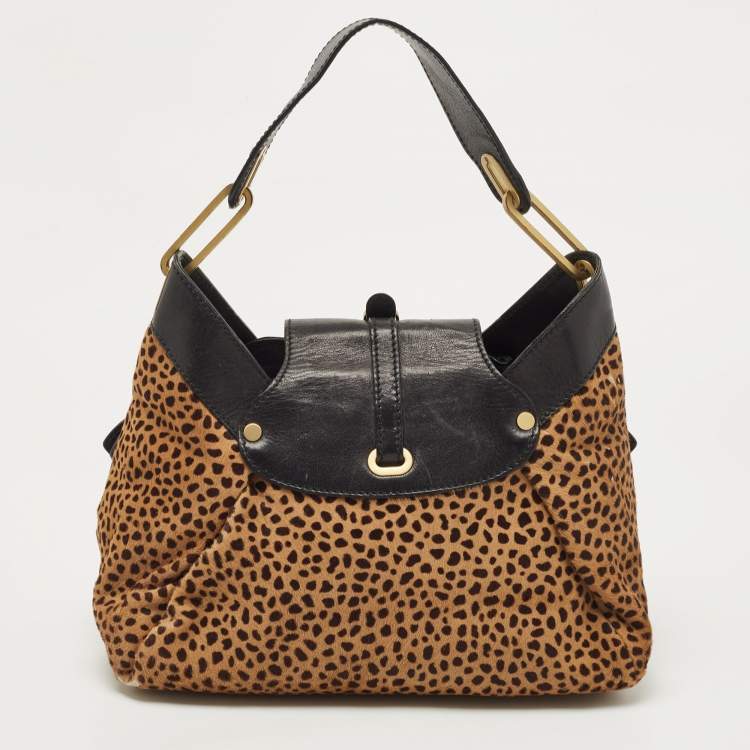 Pre Owned Jimmy Choo Black/Beige Leopard Print Calfhair and Leather Tulita Hobo