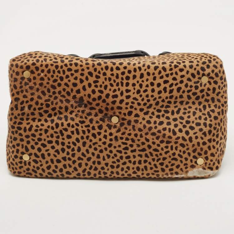 Pre Owned Jimmy Choo Black/Beige Leopard Print Calfhair and Leather Tulita Hobo