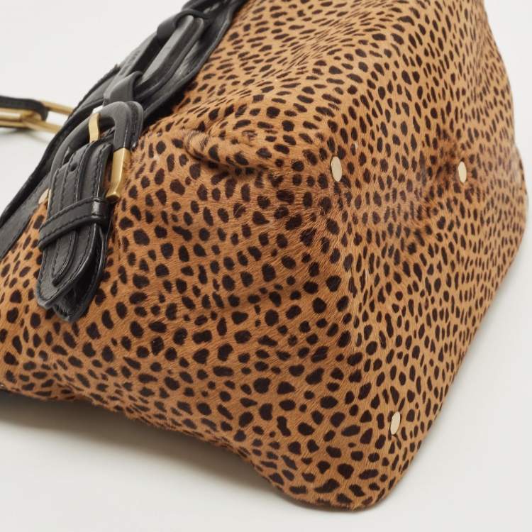 Pre Owned Jimmy Choo Black/Beige Leopard Print Calfhair and Leather Tulita Hobo