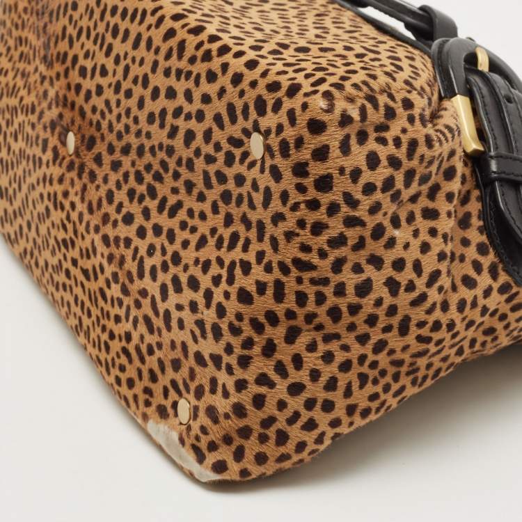 Pre Owned Jimmy Choo Black/Beige Leopard Print Calfhair and Leather Tulita Hobo