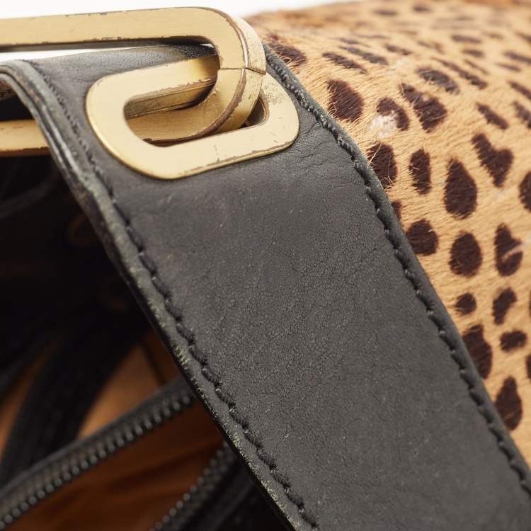 Pre Owned Jimmy Choo Black/Beige Leopard Print Calfhair and Leather Tulita Hobo