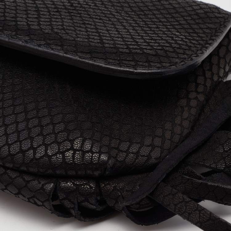 Pre Owned Jimmy Choo Black Snakeskin Embossed and Watersnake Leather Fringe Clutch
