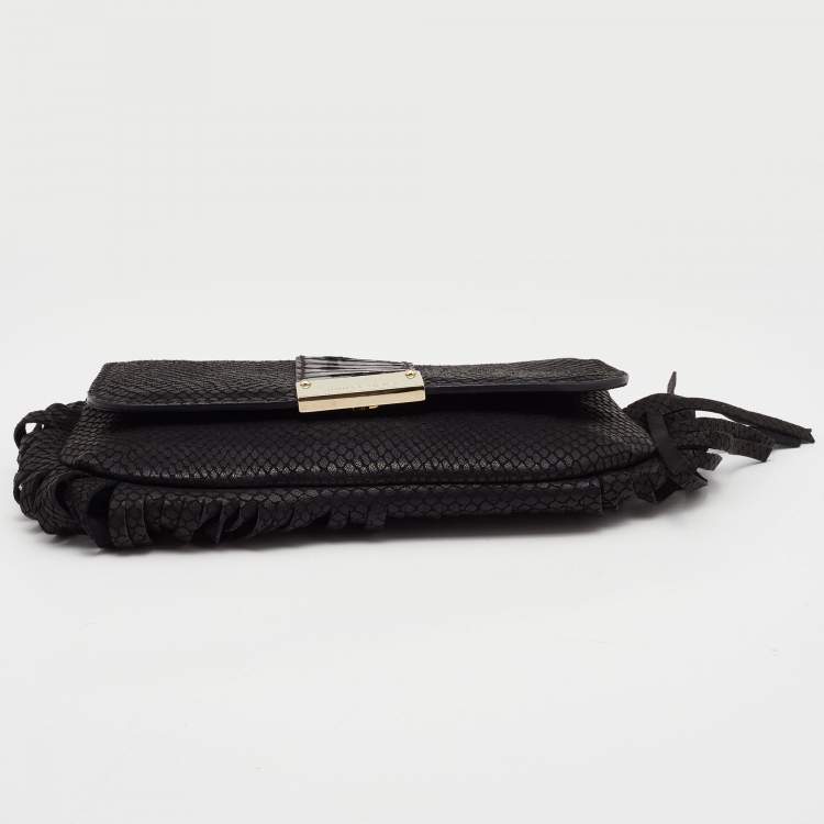 Pre Owned Jimmy Choo Black Snakeskin Embossed and Watersnake Leather Fringe Clutch