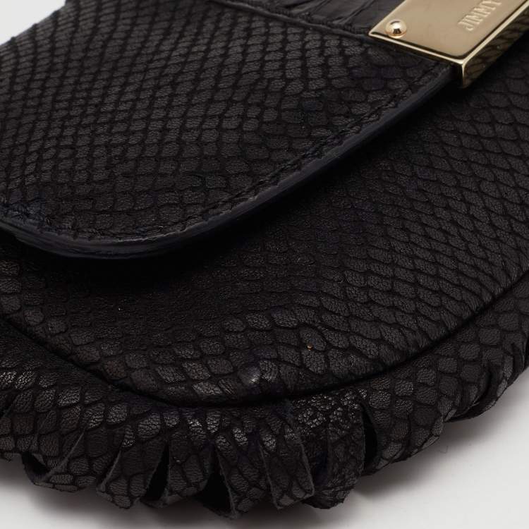 Pre Owned Jimmy Choo Black Snakeskin Embossed and Watersnake Leather Fringe Clutch