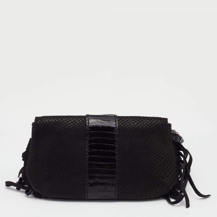 Pre Owned Jimmy Choo Black Snakeskin Embossed and Watersnake Leather Fringe Clutch