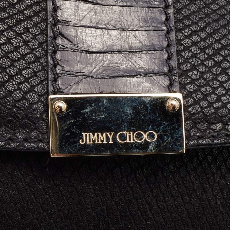 Pre Owned Jimmy Choo Black Snakeskin Embossed and Watersnake Leather Fringe Clutch