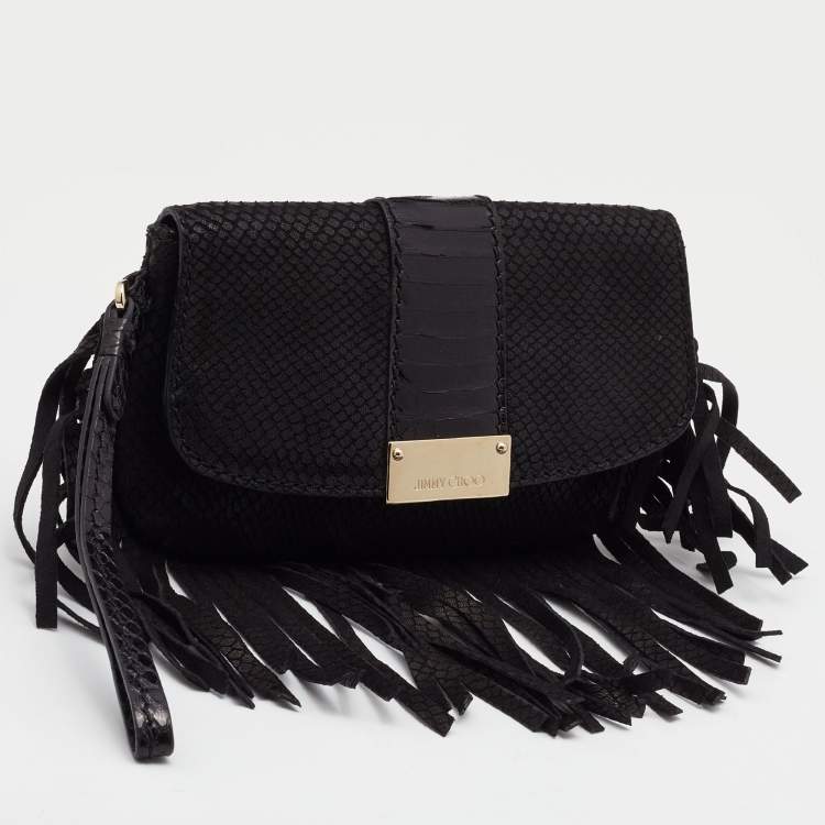 Pre Owned Jimmy Choo Black Snakeskin Embossed and Watersnake Leather Fringe Clutch