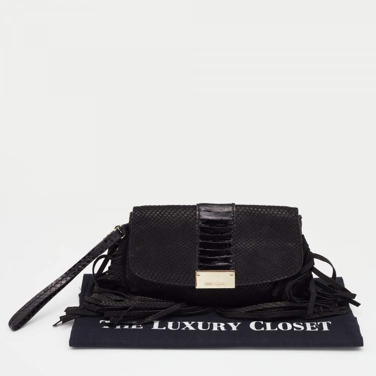 Pre Owned Jimmy Choo Black Snakeskin Embossed and Watersnake Leather Fringe Clutch