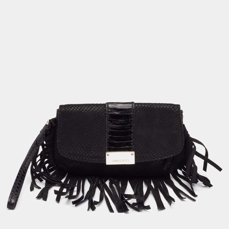 Pre Owned Jimmy Choo Black Snakeskin Embossed and Watersnake Leather Fringe Clutch