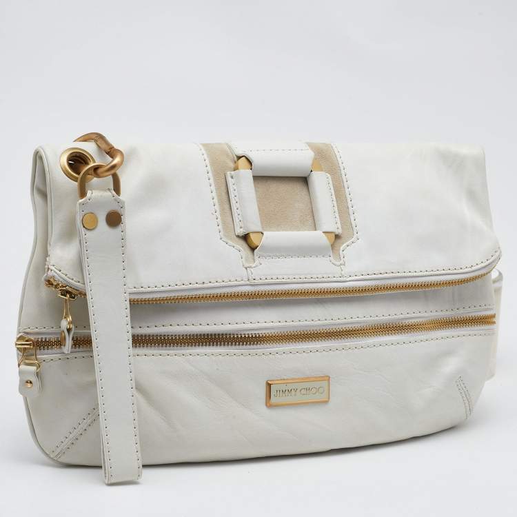 Pre Owned Jimmy Choo White Leather and Suede Large Mave Foldover Clutch