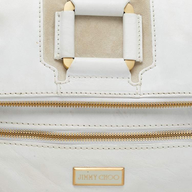 Pre Owned Jimmy Choo White Leather and Suede Large Mave Foldover Clutch